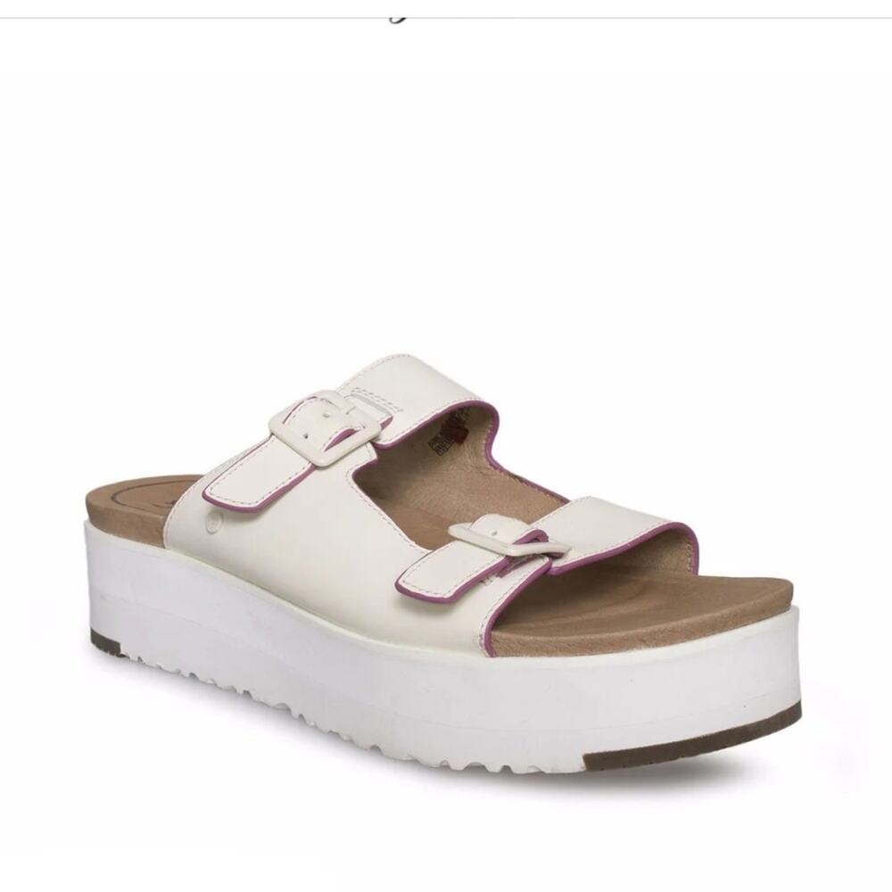UGG Hanneli Leather Slide Platform Sandals - White Adjustable Straps - SZ 11
